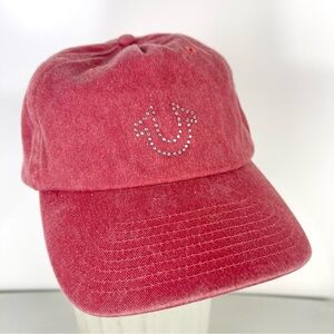 True Religion Wash Red Baseball Dad Hat Crystal Horseshoe Bling Logo One Size
